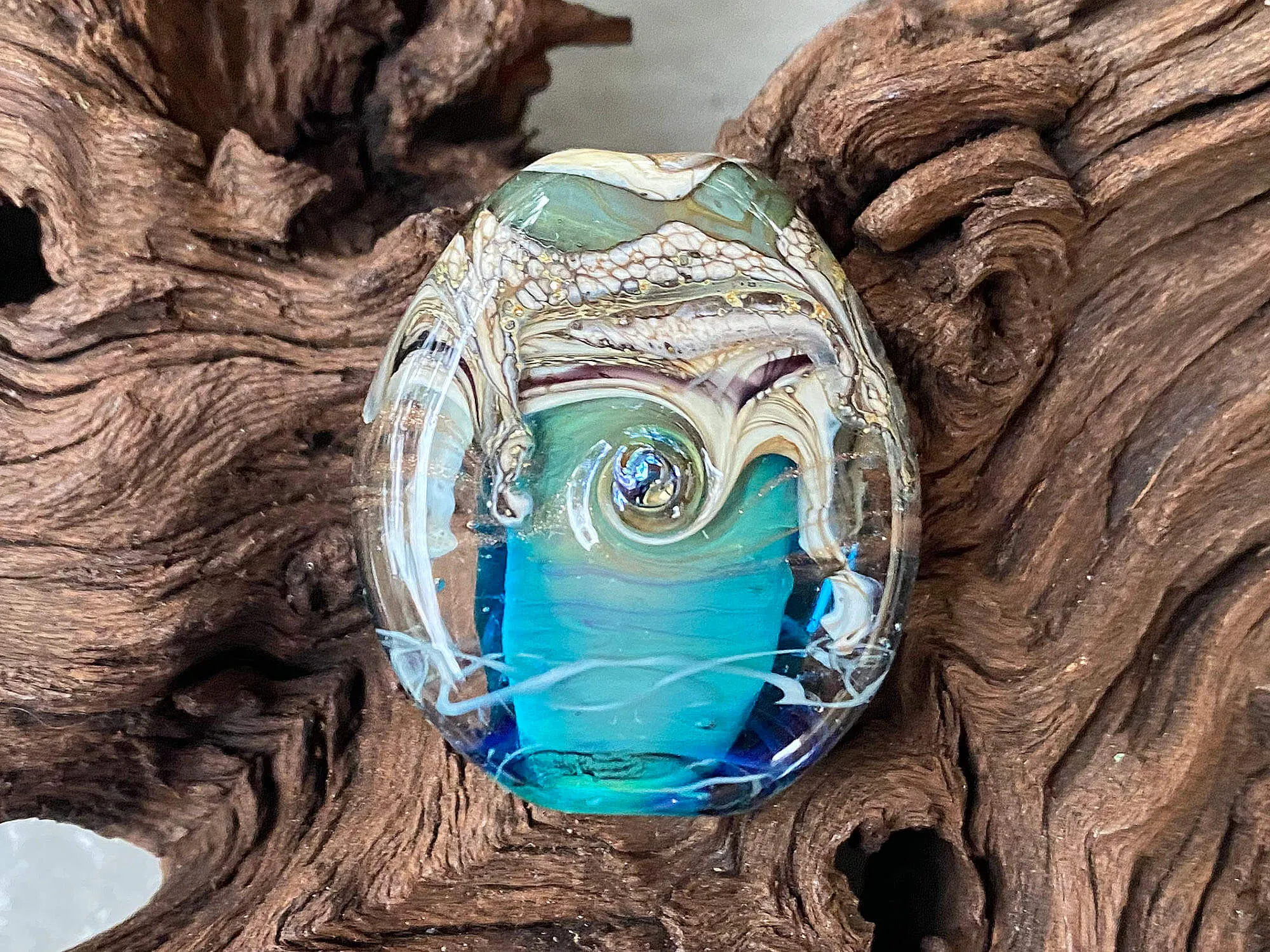 Aqua Blue Ivory Organic Lampwork Focal Bead SRA
