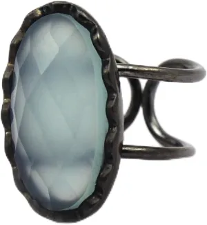 Aqua Chalcedony Double Line Oval Shape Black Plated Single Stone Rings Handmade Gemstone Adjustable Rings Jewelry