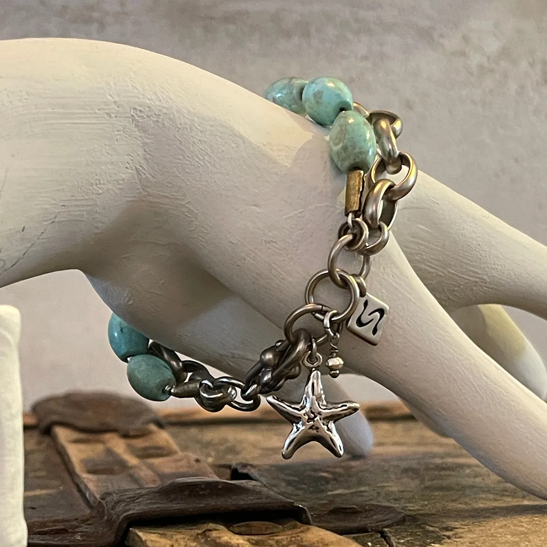 AQUA Dragon Skin Agate STARFISH Chain Bracelet