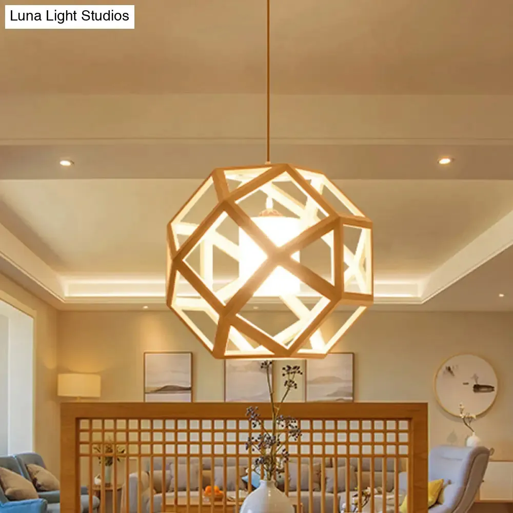 Asia Wooden Globe Pendant Light with Beige Fabric Shade