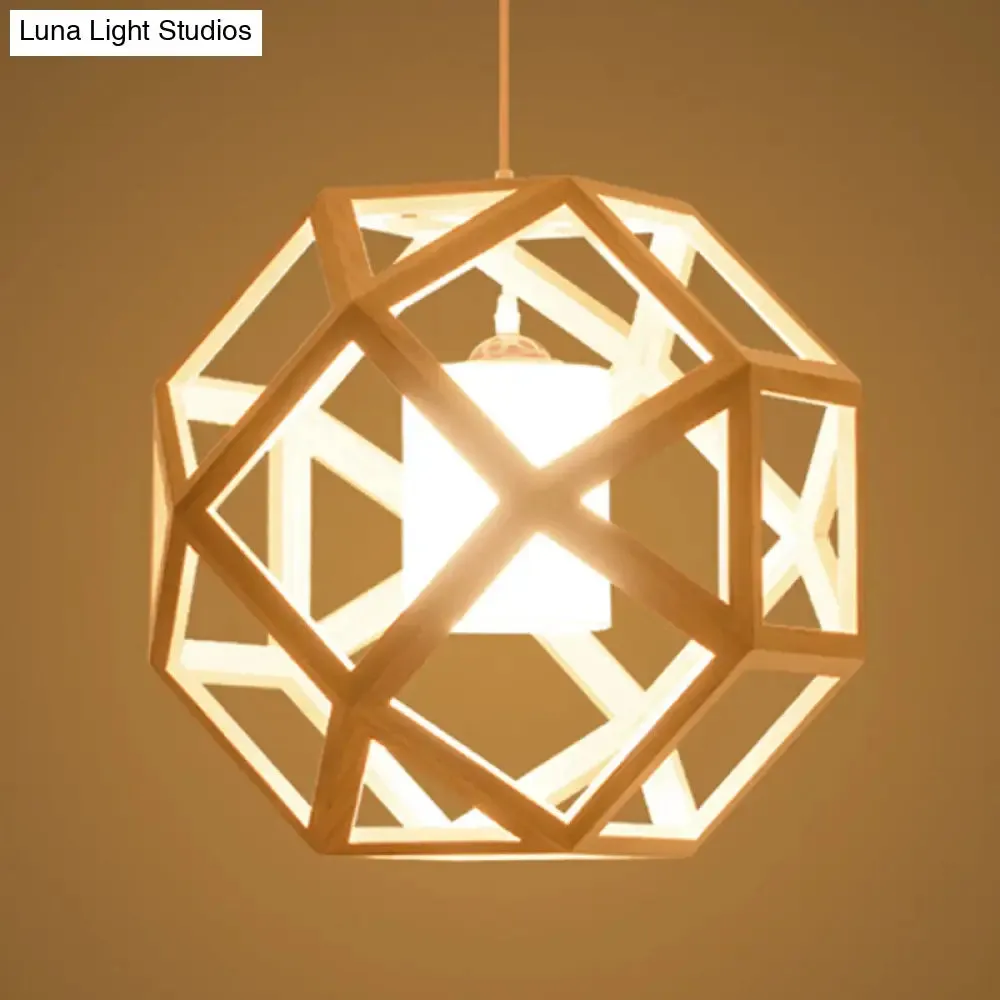 Asia Wooden Globe Pendant Light with Beige Fabric Shade