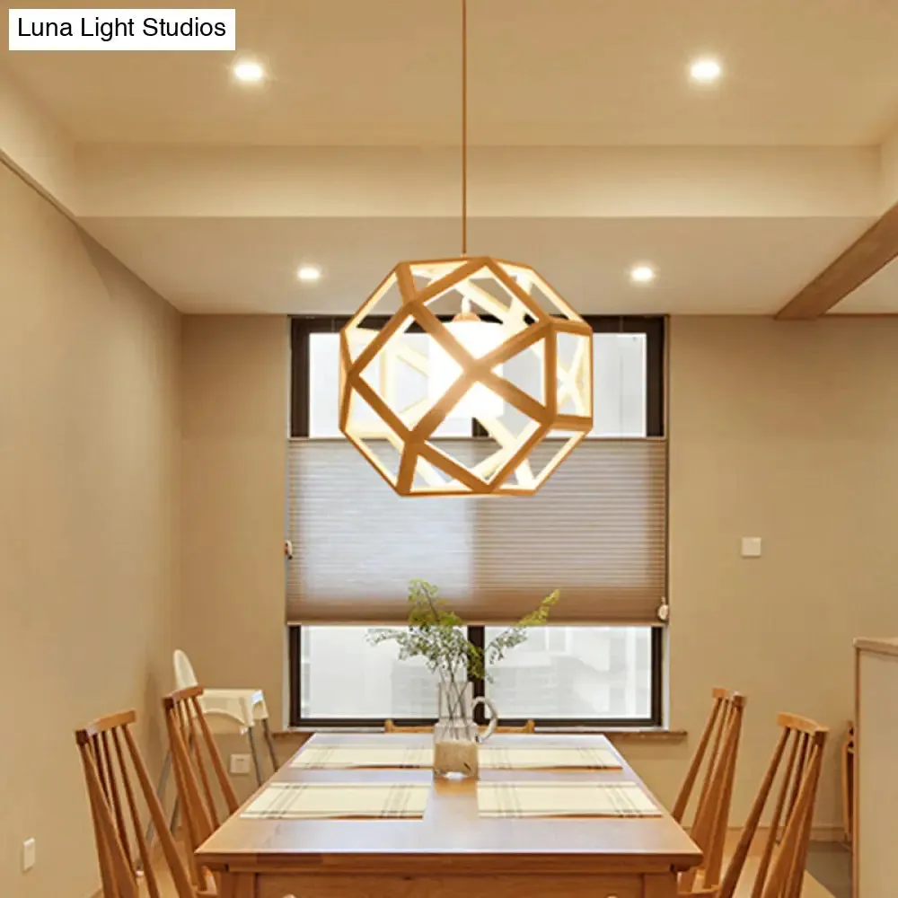 Asia Wooden Globe Pendant Light with Beige Fabric Shade