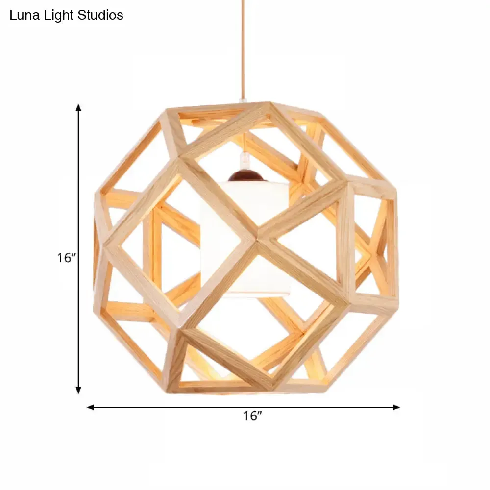 Asia Wooden Globe Pendant Light with Beige Fabric Shade
