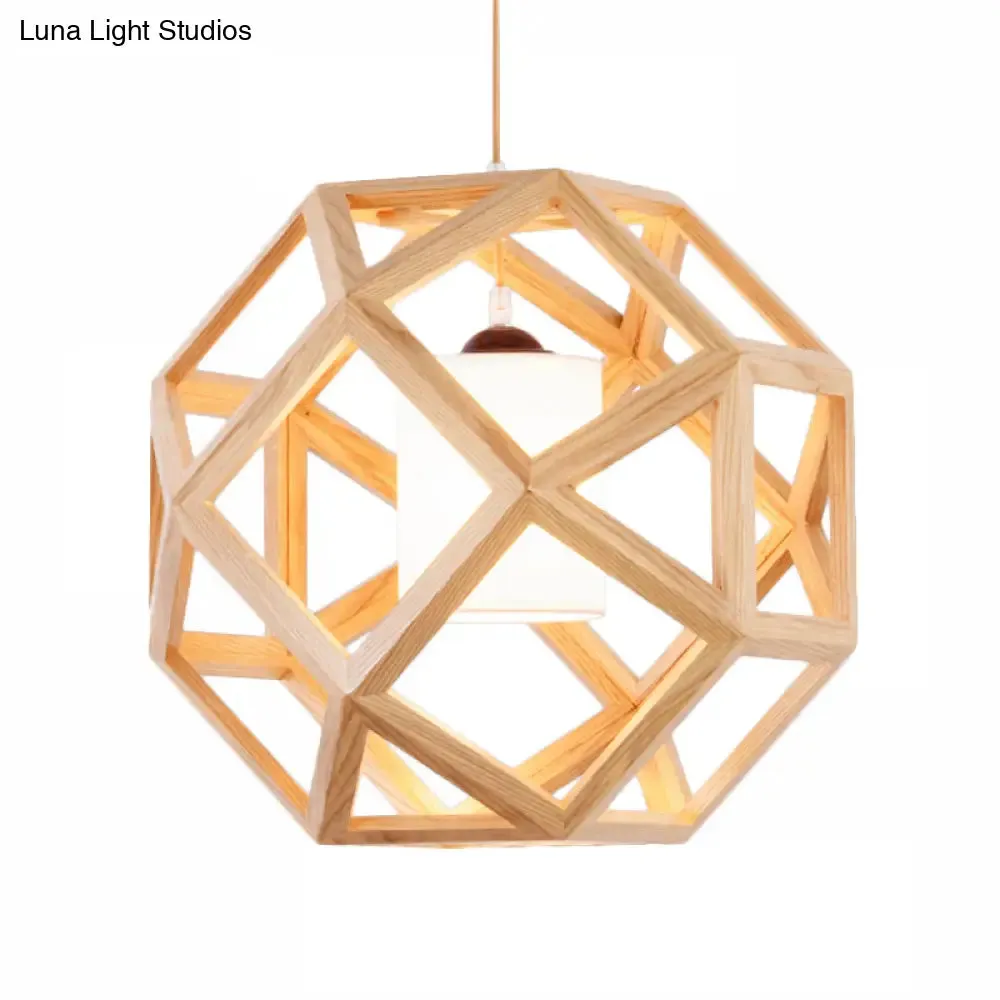 Asia Wooden Globe Pendant Light with Beige Fabric Shade