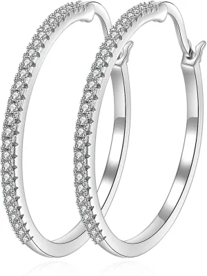 AXELUNA Sterling Silver Cubic Zirconial Lightweight Hoop Earrings 30 * 30 * 1.8 mm Hoop Earrings Big Hoop Earrings
