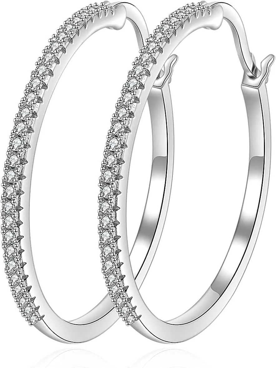 AXELUNA Sterling Silver Cubic Zirconial Lightweight Hoop Earrings 30 * 30 * 1.8 mm Hoop Earrings Big Hoop Earrings