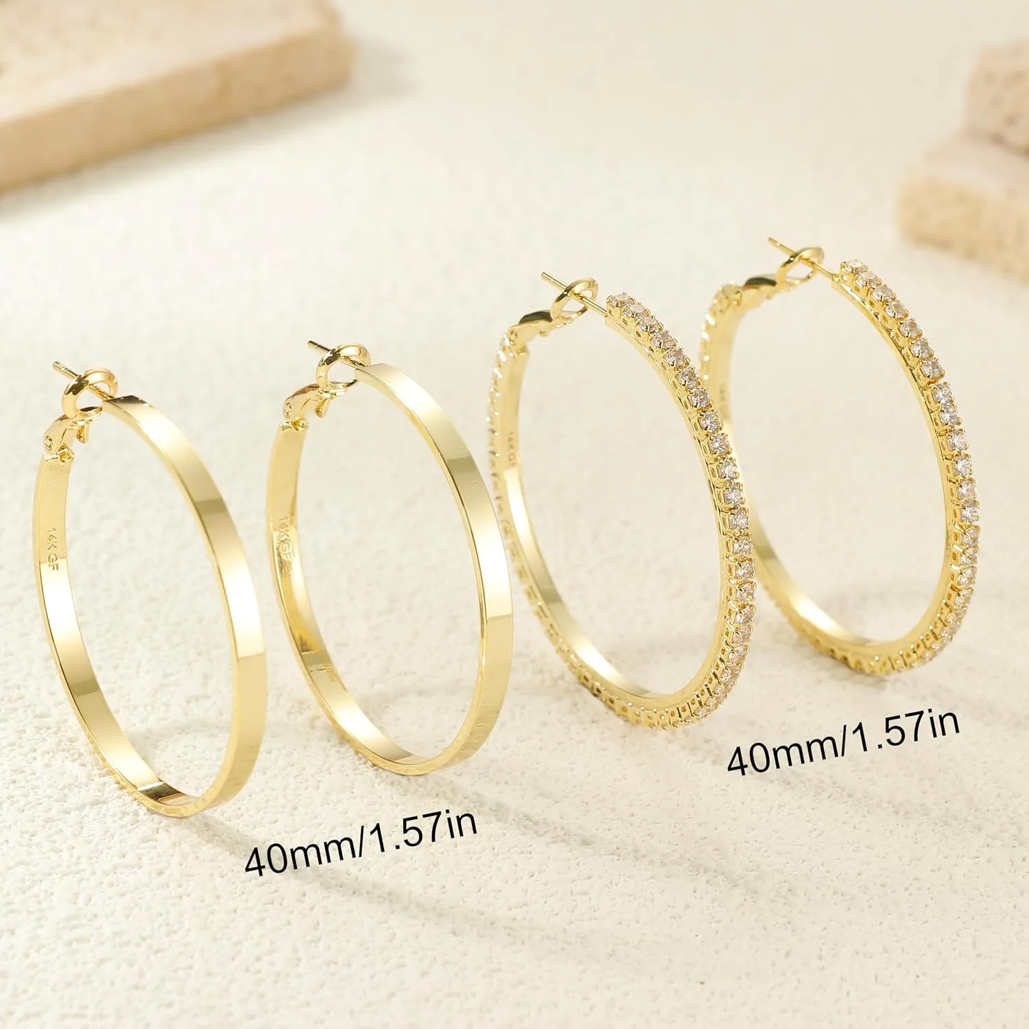 BESTEEL 2 Pairs 14K Gold Hoop Earrings for Women Hypoallergenic Sterling Silver Big Large Gold Hoops Set Thin Rhinestone Earrings Pack Lightweight 30/40/50/60/70mm