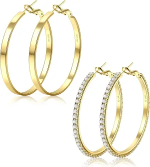 BESTEEL 2 Pairs 14K Gold Hoop Earrings for Women Hypoallergenic Sterling Silver Big Large Gold Hoops Set Thin Rhinestone Earrings Pack Lightweight 30/40/50/60/70mm