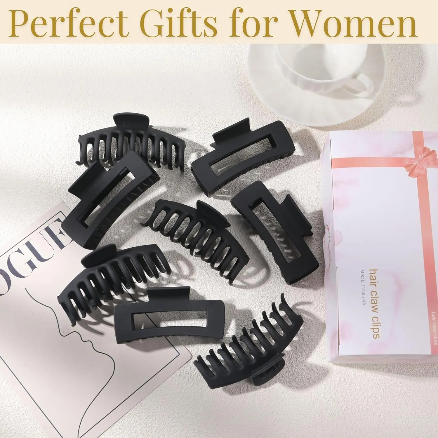 Black Hair Clips for Women -8 Pack 4.3 Inch Large Hair Claw Clips for Women Thin Thick Curly Hair, Big Matte Banana Clips,Strong Hold jaw clips