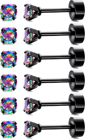Black Stud Earrings Set Rainbow Topaz 3/4/5/6/7/8mm 316L Stainless Steel Earrings for Women Men Barbell Stud Ear Jewelry