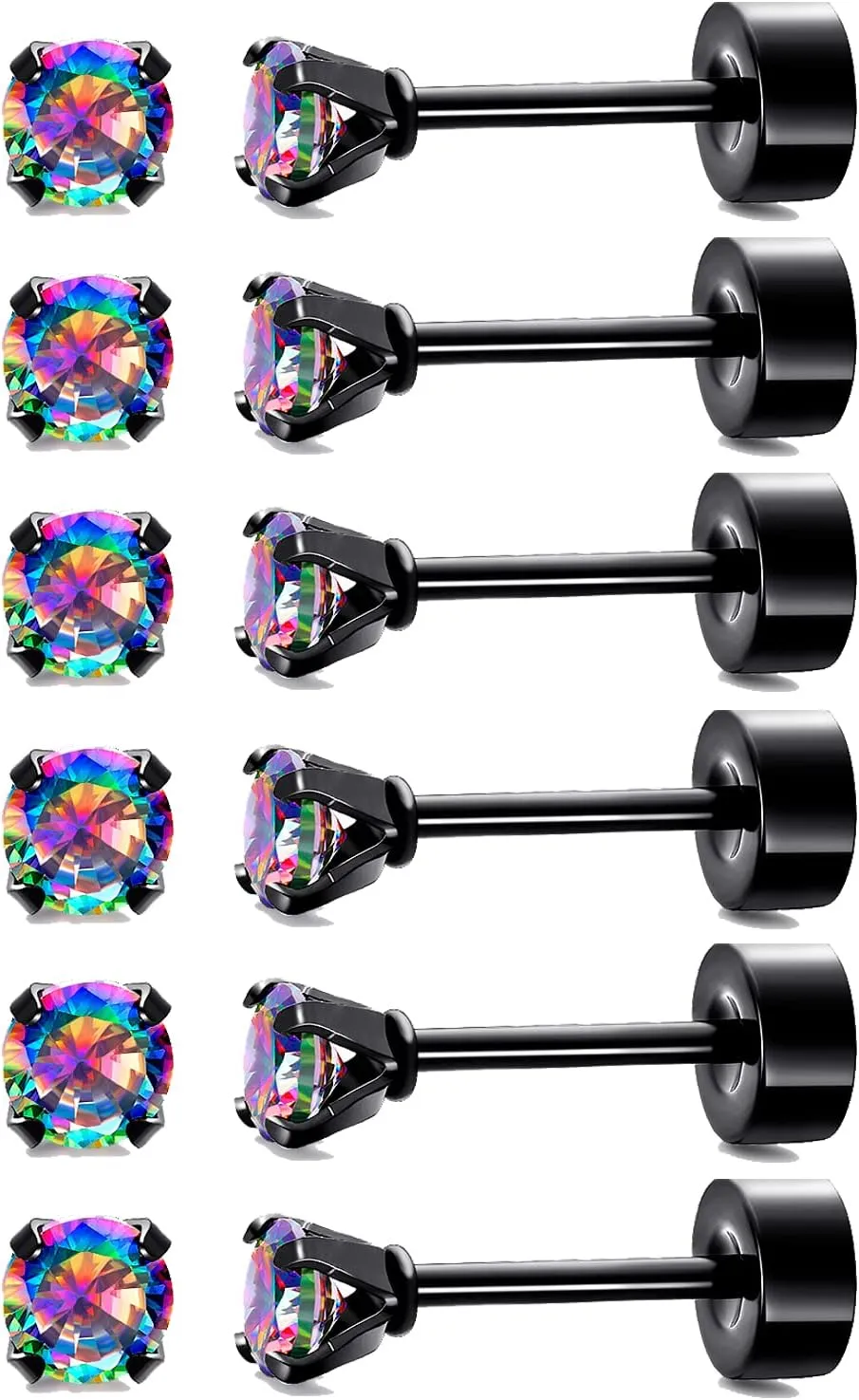Black Stud Earrings Set Rainbow Topaz 3/4/5/6/7/8mm 316L Stainless Steel Earrings for Women Men Barbell Stud Ear Jewelry