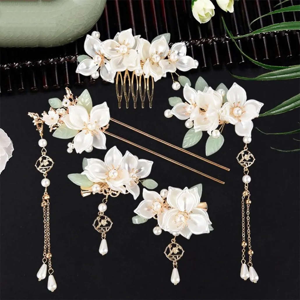 Bridal Hair Accessories Set Long Tassel Vintage Hairpins Flower Handmade Hair Sticks For Wedding