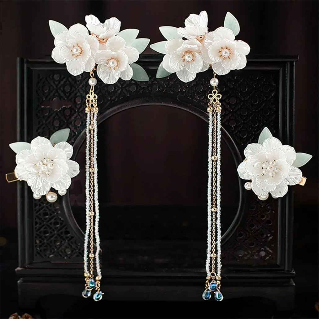 Bridal Hair Accessories Set Long Tassel Vintage Hairpins Flower Handmade Hair Sticks For Wedding