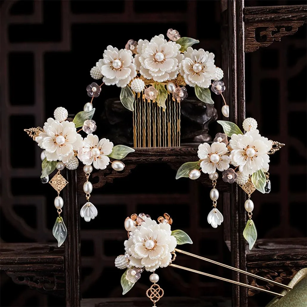 Bridal Hair Accessories Set Long Tassel Vintage Hairpins Flower Handmade Hair Sticks For Wedding