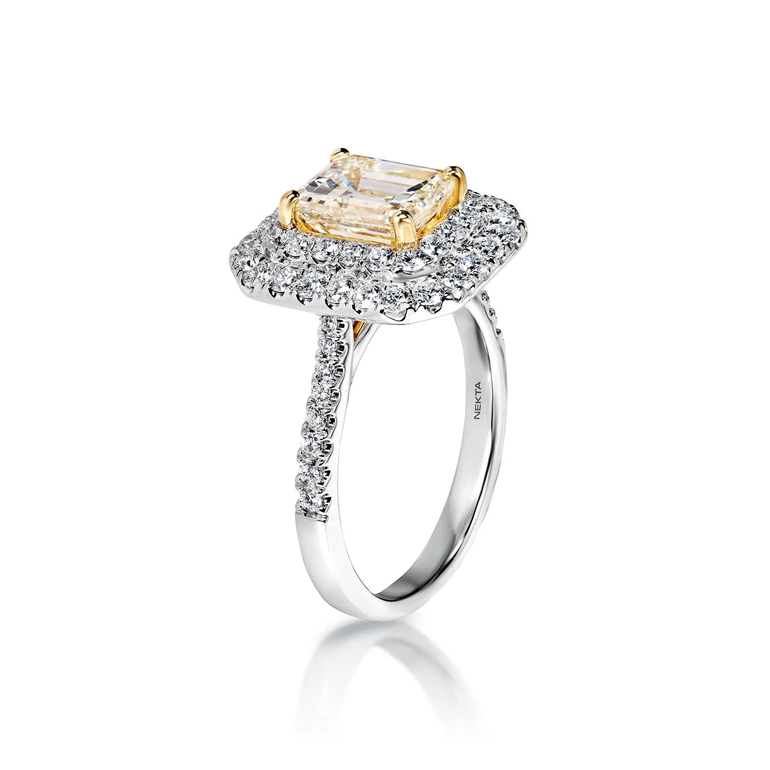Briella 3 Carat K SI1 Emerald Cut Double Halo Diamond Engagement Ring in 18k White Gold By Mike Nekta. GIA Certified