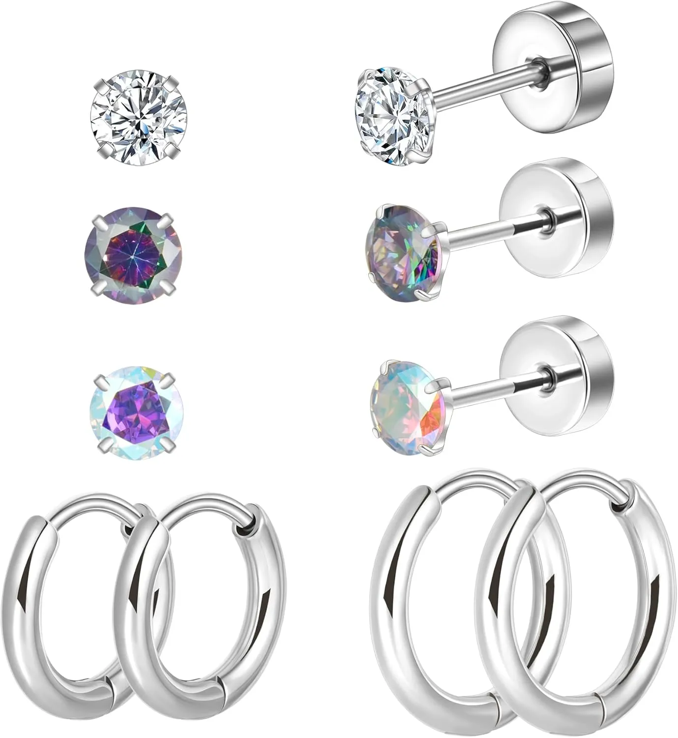 CANDYFANCY 5 Pairs Titanium Earrings for Women Men 20G Flat Back Stud Huggie Hoop Earring Set AB Cubic Zircon Opal Ball Stud Earrings for Hypoallergenic Cartilage Helix Lobe Piercing