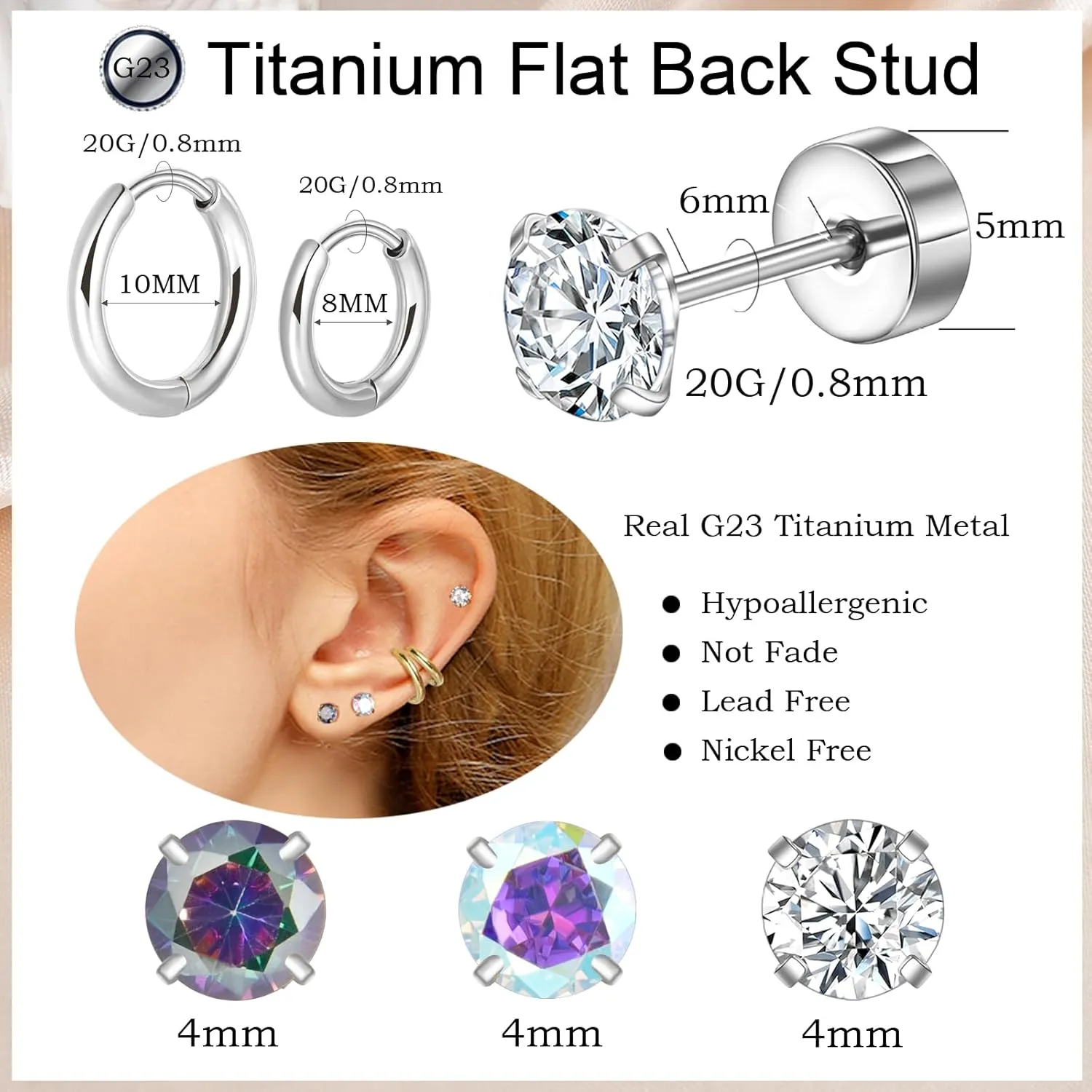 CANDYFANCY 5 Pairs Titanium Earrings for Women Men 20G Flat Back Stud Huggie Hoop Earring Set AB Cubic Zircon Opal Ball Stud Earrings for Hypoallergenic Cartilage Helix Lobe Piercing