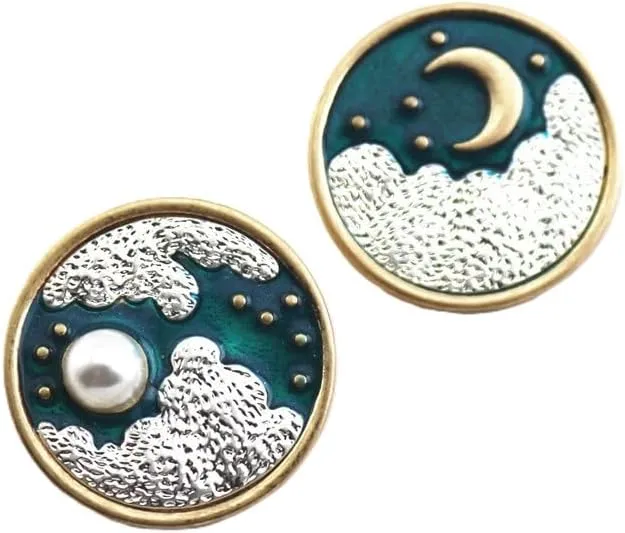 Celestial Moon and Clouds Enamel Pin Brooch Set, 2 Pieces, Gold Tone Metal, 3mm