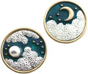 Celestial Moon and Clouds Enamel Pin Brooch Set, 2 Pieces, Gold Tone Metal, 3mm