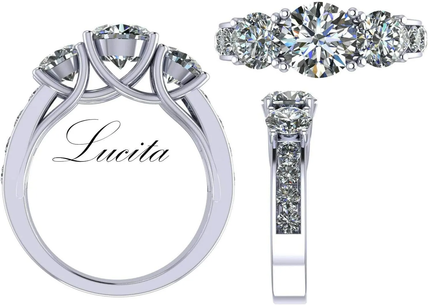 Central Diamond Center 3 Stone Past Present Future Ring also matching band your choice Gold-Silver Cz-2.50ctw & 3.50ctw
