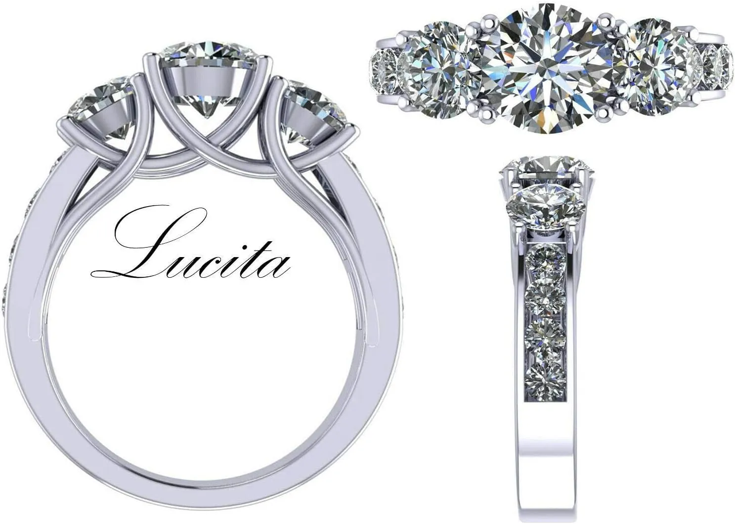 Central Diamond Center 3 Stone Past Present Future Ring also matching band your choice Gold-Silver Cz-2.50ctw & 3.50ctw