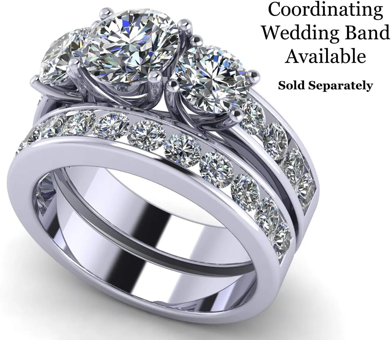 Central Diamond Center 3 Stone Past Present Future Ring also matching band your choice Gold-Silver Cz-2.50ctw & 3.50ctw