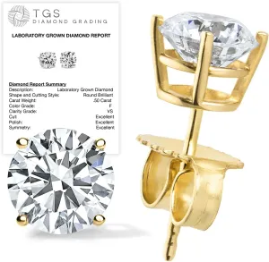 Certified 1/4-3.0 Carat Lab Grown Diamond Earrings in 14K Gold, Premium Collection of Diamond Stud Earrings for Women and Men, Quality Studs in Exceptional Color/Clarity