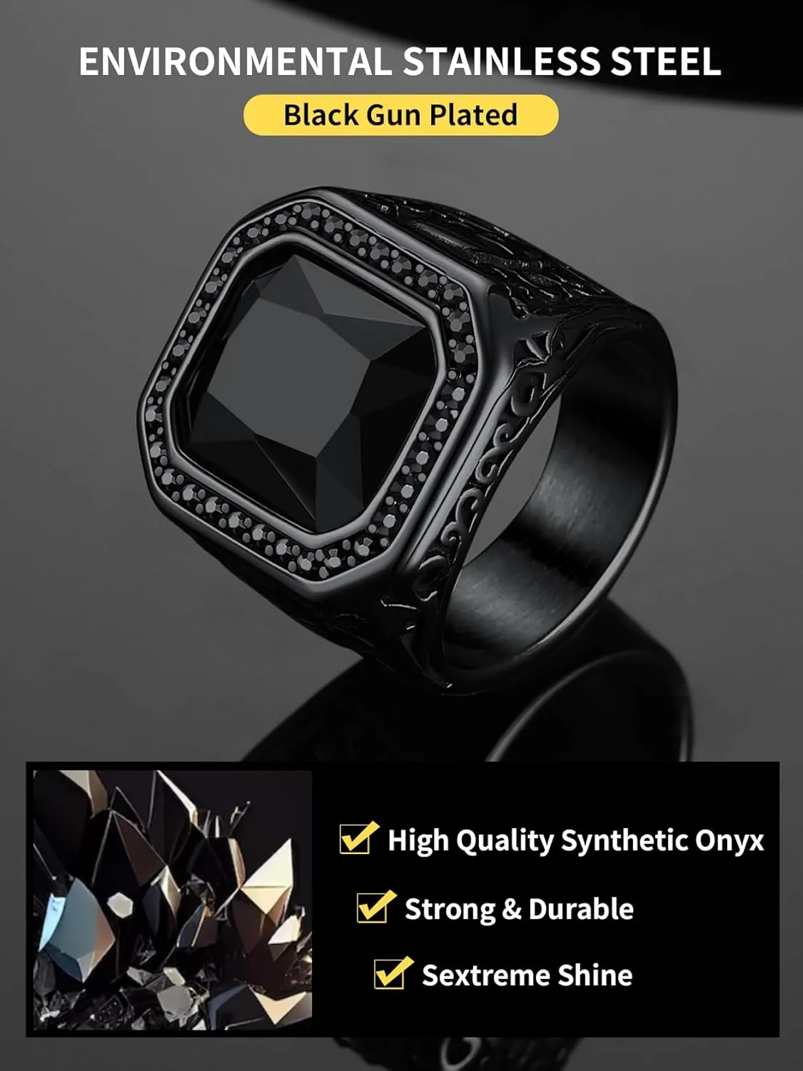 ChainsHouse Mens Black Onyx Rings, Retro X Bone Skull Stainless Steel Signet Rings for Men, Black Onyx Agate Gemstone Rings Jewelry, Offer Custom Service, Size 7-14