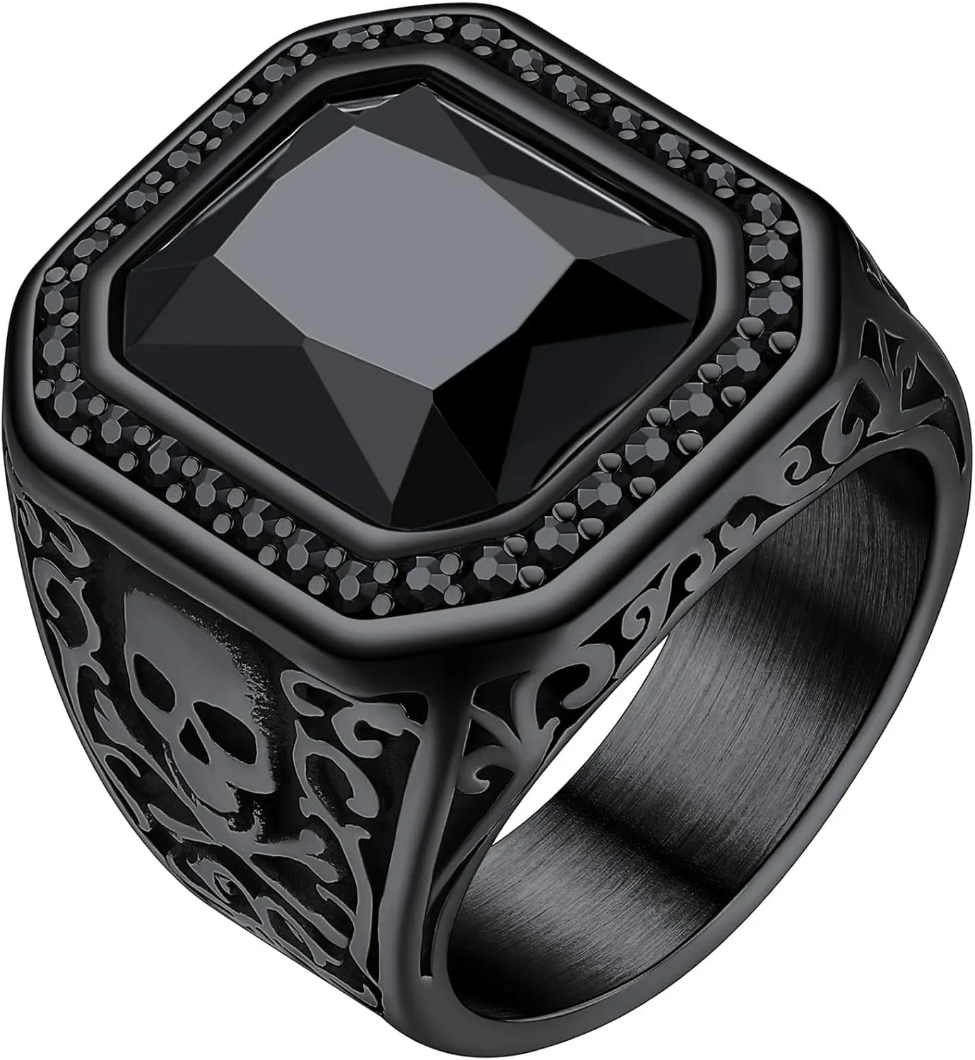 ChainsHouse Mens Black Onyx Rings, Retro X Bone Skull Stainless Steel Signet Rings for Men, Black Onyx Agate Gemstone Rings Jewelry, Offer Custom Service, Size 7-14