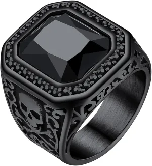 ChainsHouse Mens Black Onyx Rings, Retro X Bone Skull Stainless Steel Signet Rings for Men, Black Onyx Agate Gemstone Rings Jewelry, Offer Custom Service, Size 7-14