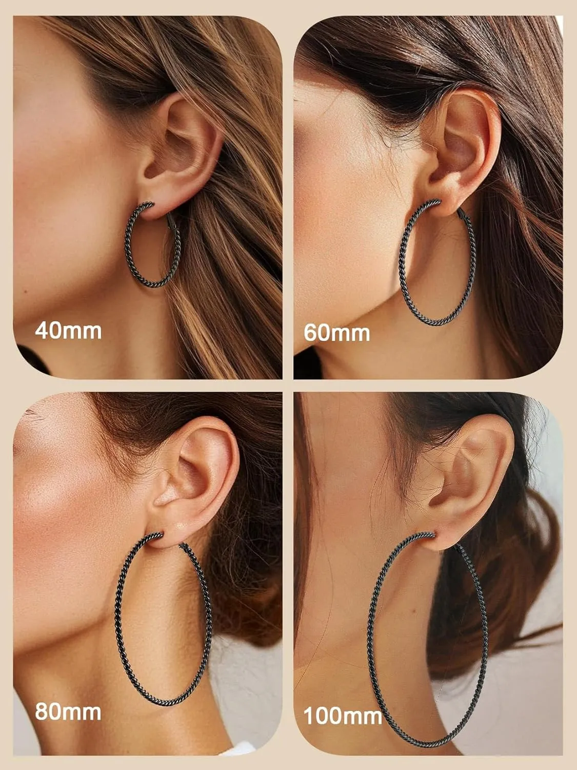 ChainsProMax 40-100MM Twisted Hoop Earrings, Hypoallergenic Stainless Steel/14K Gold Plated/Black Earrings-with Gift Box