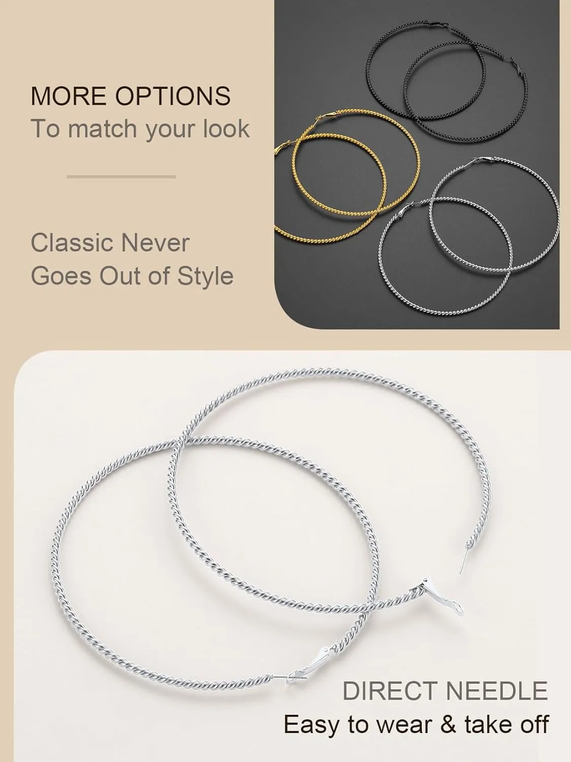 ChainsProMax 40-100MM Twisted Hoop Earrings, Hypoallergenic Stainless Steel/14K Gold Plated/Black Earrings-with Gift Box