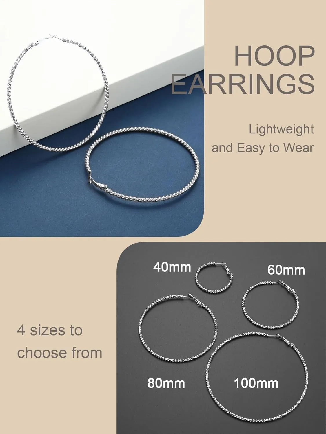 ChainsProMax 40-100MM Twisted Hoop Earrings, Hypoallergenic Stainless Steel/14K Gold Plated/Black Earrings-with Gift Box