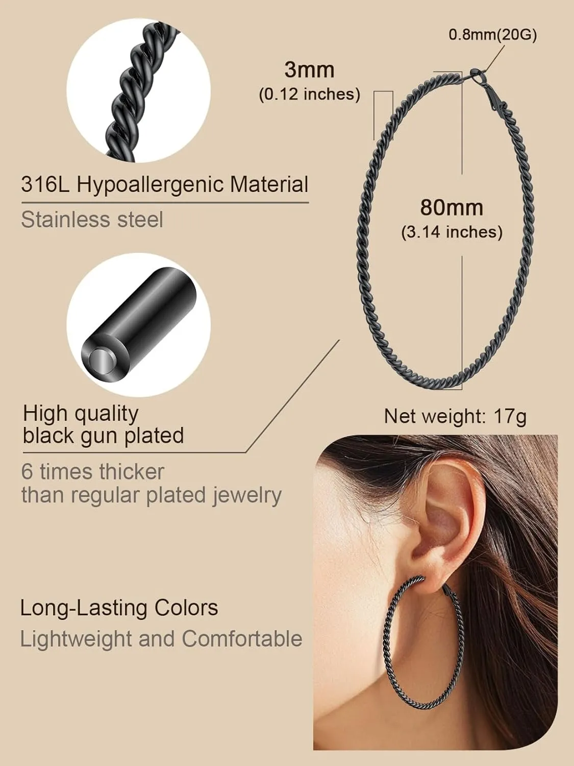 ChainsProMax 40-100MM Twisted Hoop Earrings, Hypoallergenic Stainless Steel/14K Gold Plated/Black Earrings-with Gift Box
