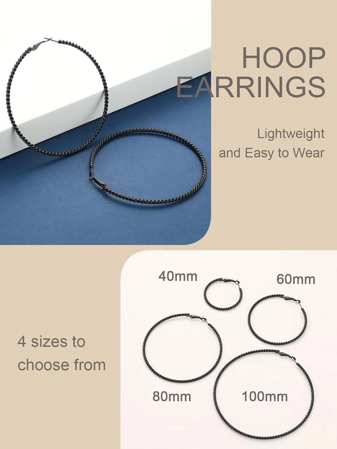 ChainsProMax 40-100MM Twisted Hoop Earrings, Hypoallergenic Stainless Steel/14K Gold Plated/Black Earrings-with Gift Box
