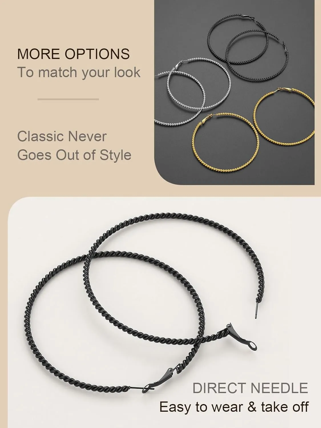 ChainsProMax 40-100MM Twisted Hoop Earrings, Hypoallergenic Stainless Steel/14K Gold Plated/Black Earrings-with Gift Box