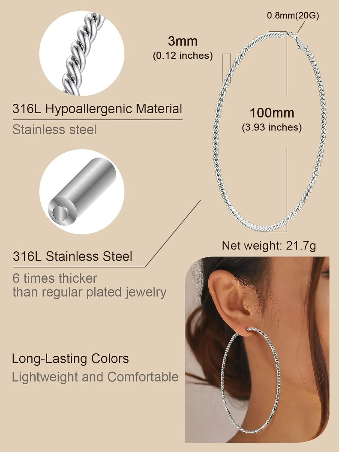ChainsProMax 40-100MM Twisted Hoop Earrings, Hypoallergenic Stainless Steel/14K Gold Plated/Black Earrings-with Gift Box