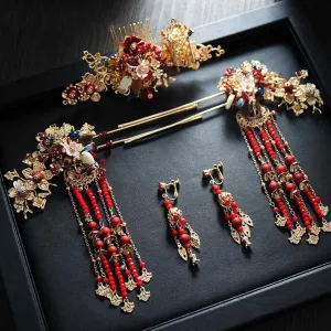 Chinese Hanfu Dress Hairpins Hair Combs Sticks Pendant Earring Jewelry Sets Bridal Bride Wedding Hair Ornaments As Show Jewelry
