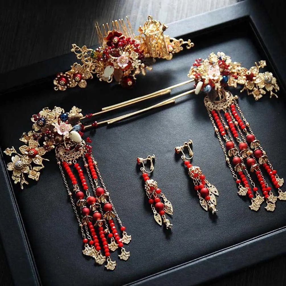 Chinese Hanfu Dress Hairpins Hair Combs Sticks Pendant Earring Jewelry Sets Bridal Bride Wedding Hair Ornaments As Show Jewelry