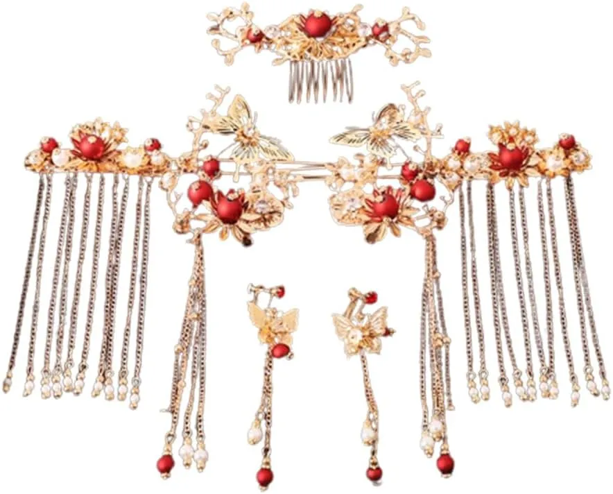 Chinese Wedding Bride Hair Jewelry Set,Chinese Crown Wedding Hair Accessories Butterfly Hair Combs Tassel Alloy Headband Jeweled Bridal Wedding Tiara