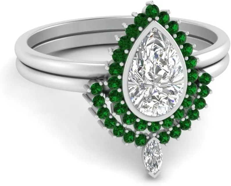 Choose Your Gemstone Bezel Pear Shape Halo CZ Diamond CZ Ring Sterling Silver Pear Shape Wedding Ring Sets Ornaments Surprise for Wife Symbol of Love Clarity Comfortable US Size 4 to 12