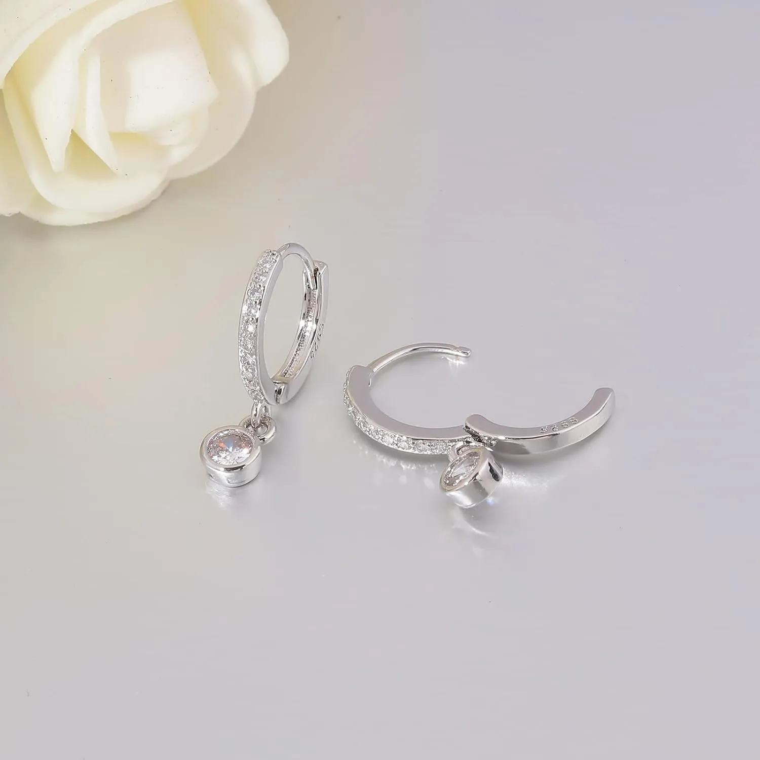 CiNily Small Dangle Hoop Earrings for Women Girls,14K White Gold Mini Huggie Hoop Earrings Hypoallergenic Diamond Drop Earrings Dainty Cute Cubic Zirconia Dangle Hoops Jewelry Gifts