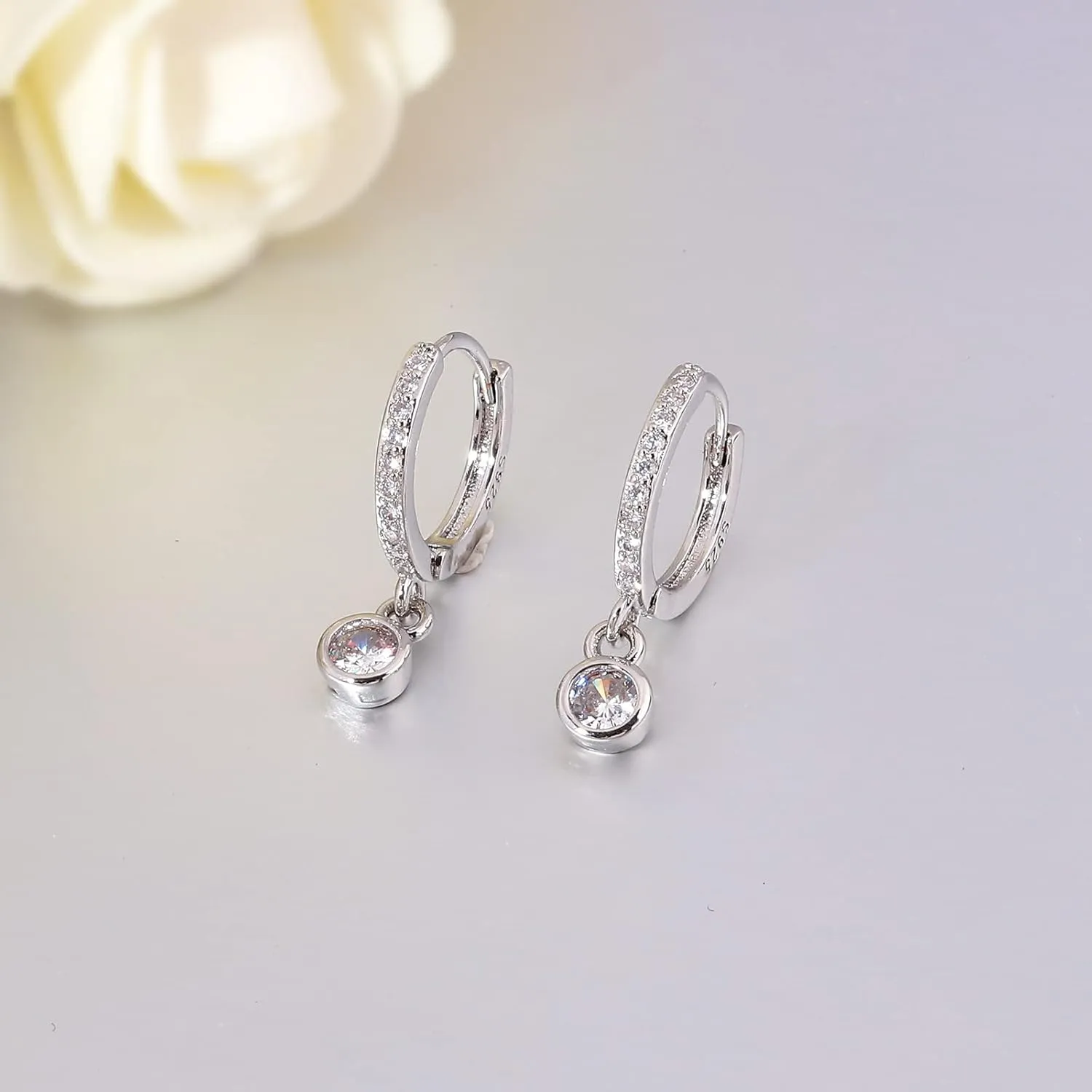 CiNily Small Dangle Hoop Earrings for Women Girls,14K White Gold Mini Huggie Hoop Earrings Hypoallergenic Diamond Drop Earrings Dainty Cute Cubic Zirconia Dangle Hoops Jewelry Gifts