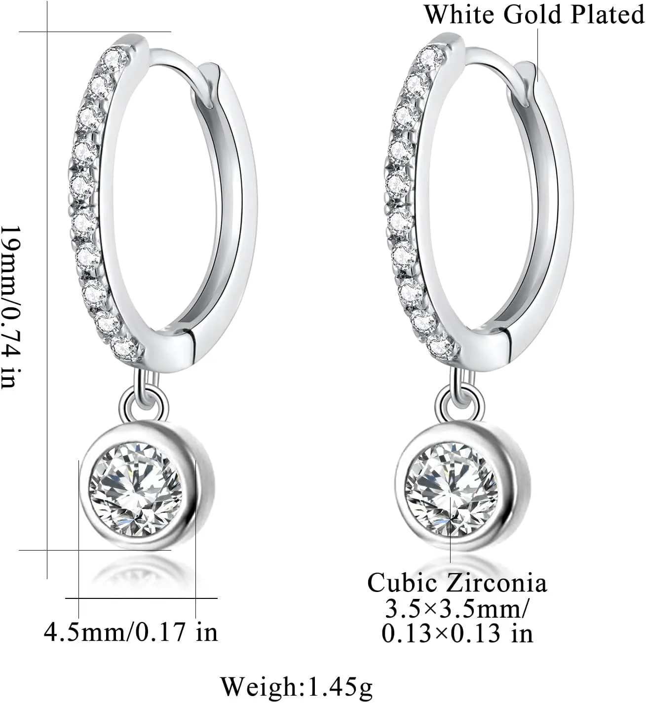 CiNily Small Dangle Hoop Earrings for Women Girls,14K White Gold Mini Huggie Hoop Earrings Hypoallergenic Diamond Drop Earrings Dainty Cute Cubic Zirconia Dangle Hoops Jewelry Gifts