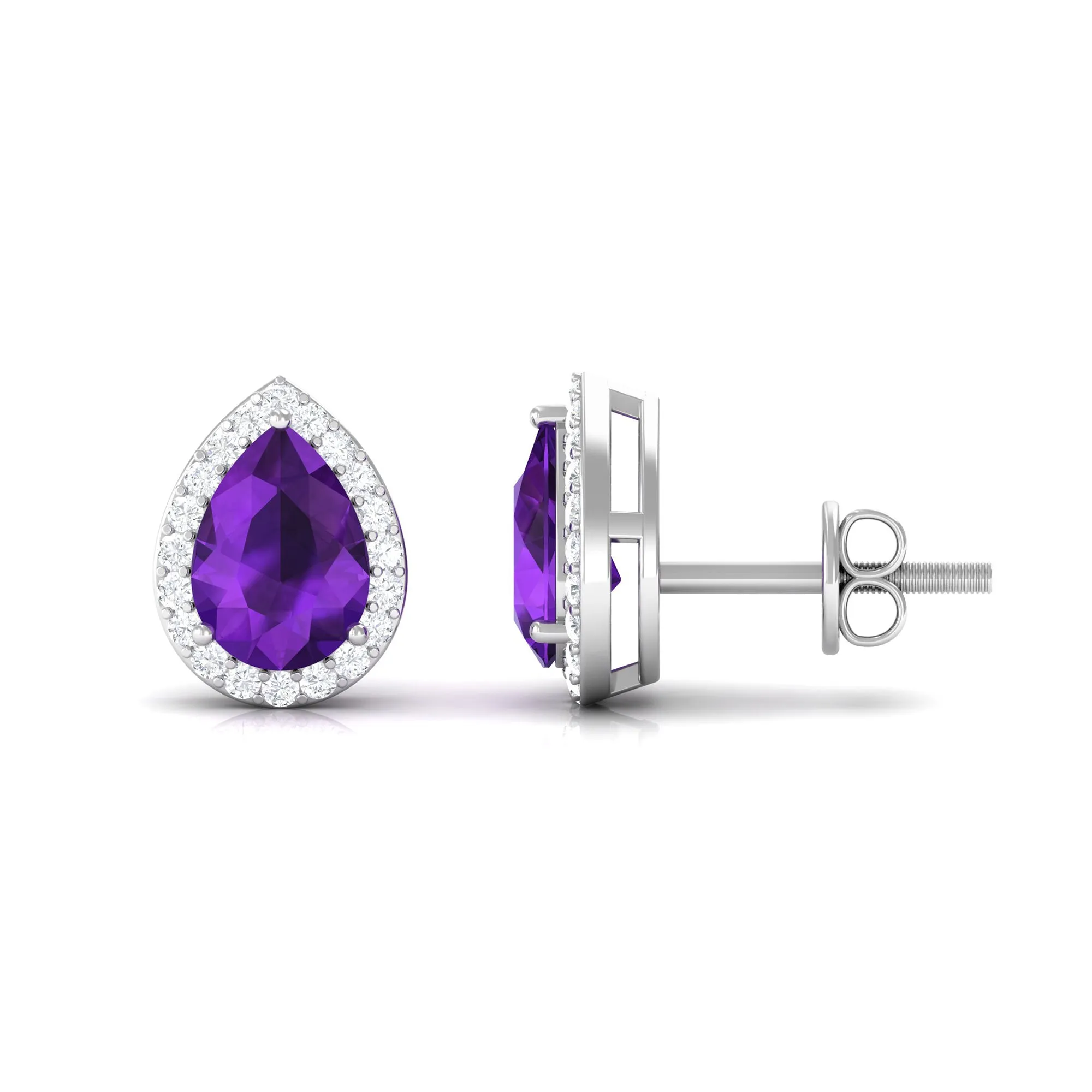 Classic Pear Cut Amethyst and Diamond Halo Stud Earrings