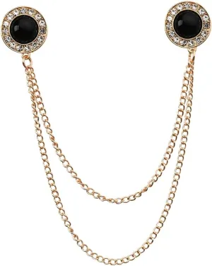 Collar Pins with Chain for Men Gold Tassel Chain Brooch Collar Pins Black Crystal Suit Brooch Pins Stud Gold Vintage Rhinestone Decorative Pins for Clothing Mens Brooches Gifts for Boyfriend Husband