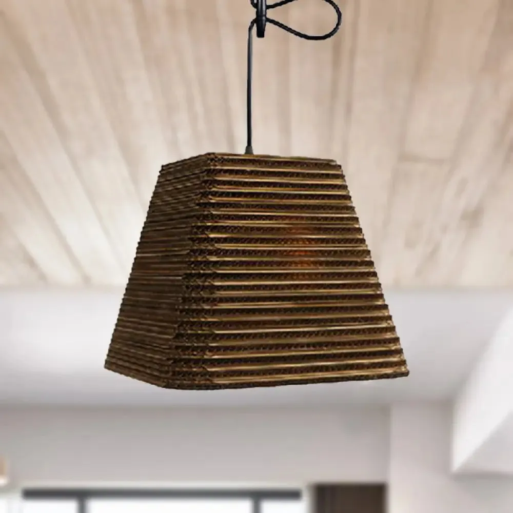 Corrugated Paper Hanging Lamp - Asian Style with Brown High Waist Shade - Restaurant Pendant Light