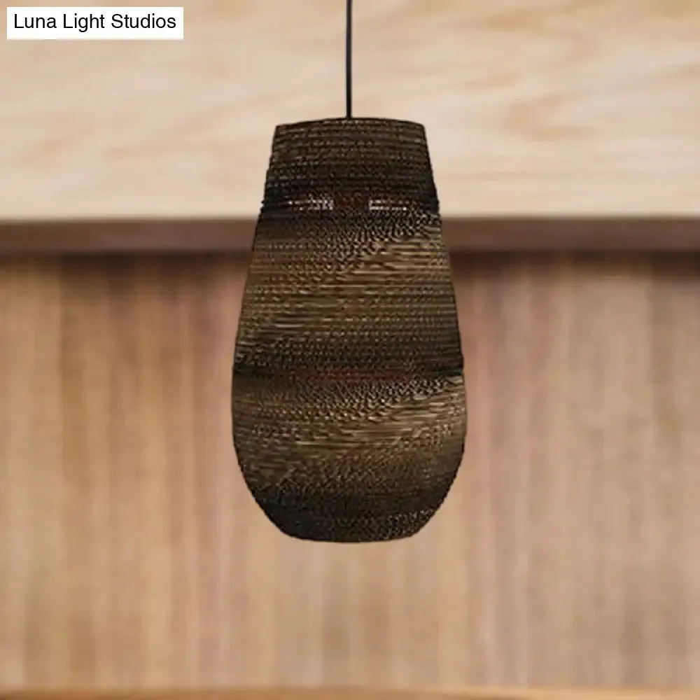 Corrugated Paper Hanging Lamp - Asian Style with Brown High Waist Shade - Restaurant Pendant Light