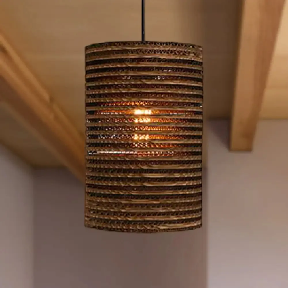 Corrugated Paper Hanging Lamp - Asian Style with Brown High Waist Shade - Restaurant Pendant Light