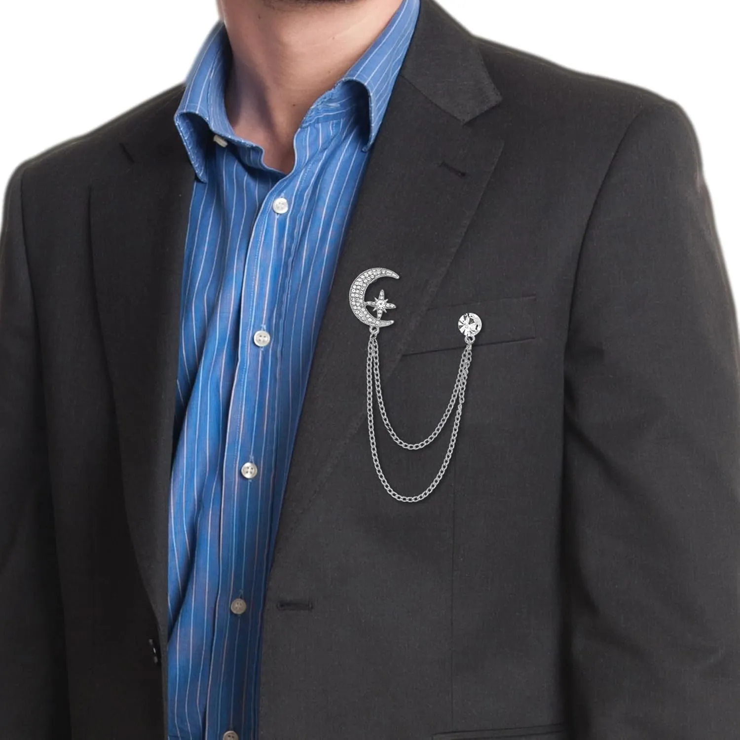 Crystal Moon Planet Guitar Lapel Pin for Men Collar Pins Rhinestone With Hanging Chain Lapel Pins for Men's Suit Accessories Brooch Pin Fashion Jewelry for Men Women